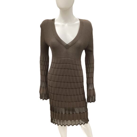 Missoni Dress Women’s SZ M Knitted Long Sleeves Deep V-Neck Soft Chocolate Brown - Picture 1 of 5